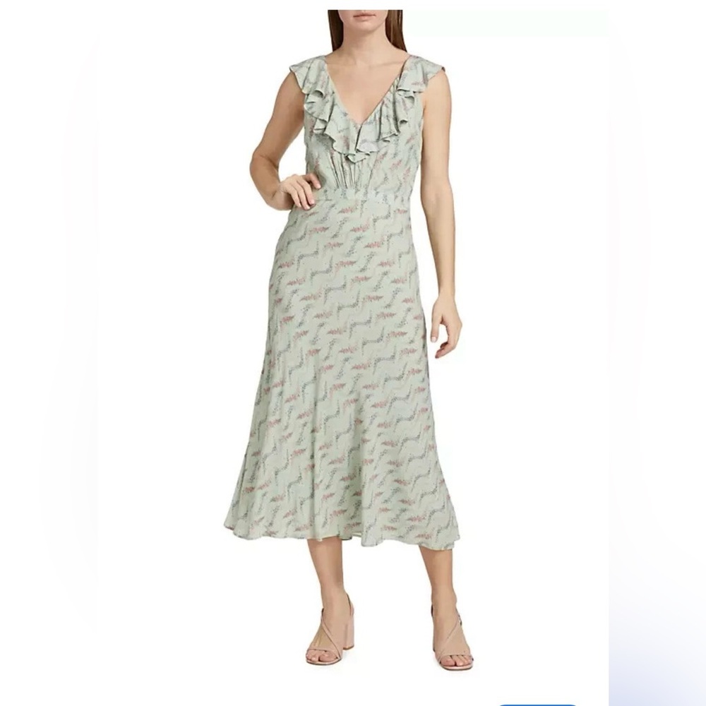 NWOT! PAIGE Floral Print Dusty Sage V Neck Printed Ruffled Midi Dress